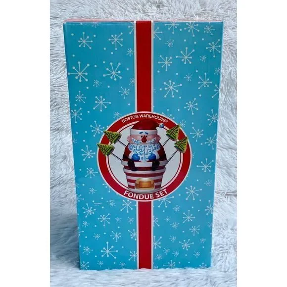 NIB NEW Boston Warehouse 7 PC HO HO HO Ceramic Santa Clause Fondue Set - Picture 2 of 14